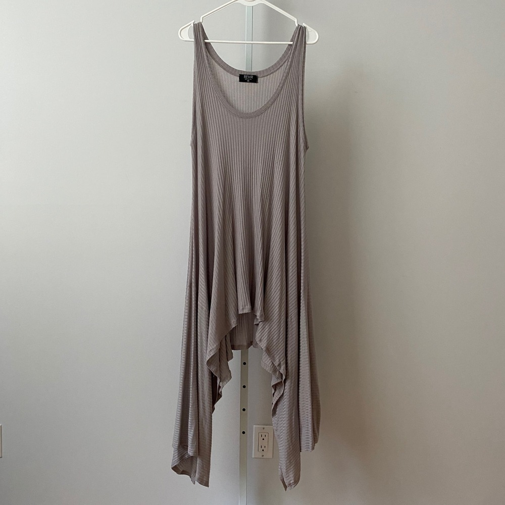 REVIR Cotton Lagenlook Boho Flowy Sharkbite Ribbed Tunic Dress OS Taupe